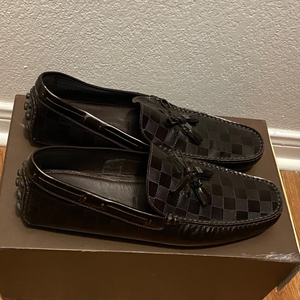 Authentic Louis Vuitton Men's Dark Brown Checkered Loafers - Picture 2 of 6